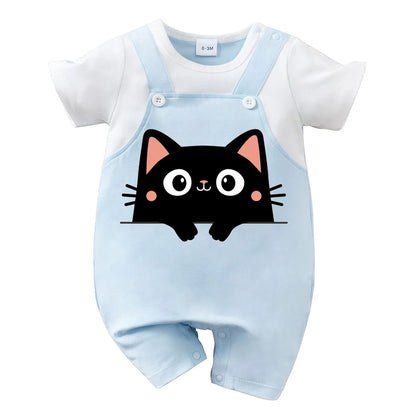 IURNXB Summer Infant Cartoon Black Cat Printed Unisex Romper with Suspenders (0-18M)