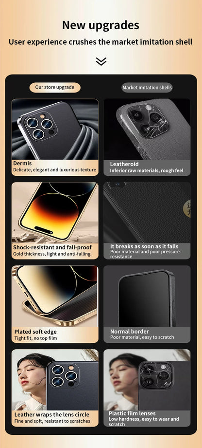 Genuine Cowhide Leather Phone Case for iPhone 16 15 11 12 13 14 Pro Max Luxury Plating Shockproof Lens Protection Back Cover