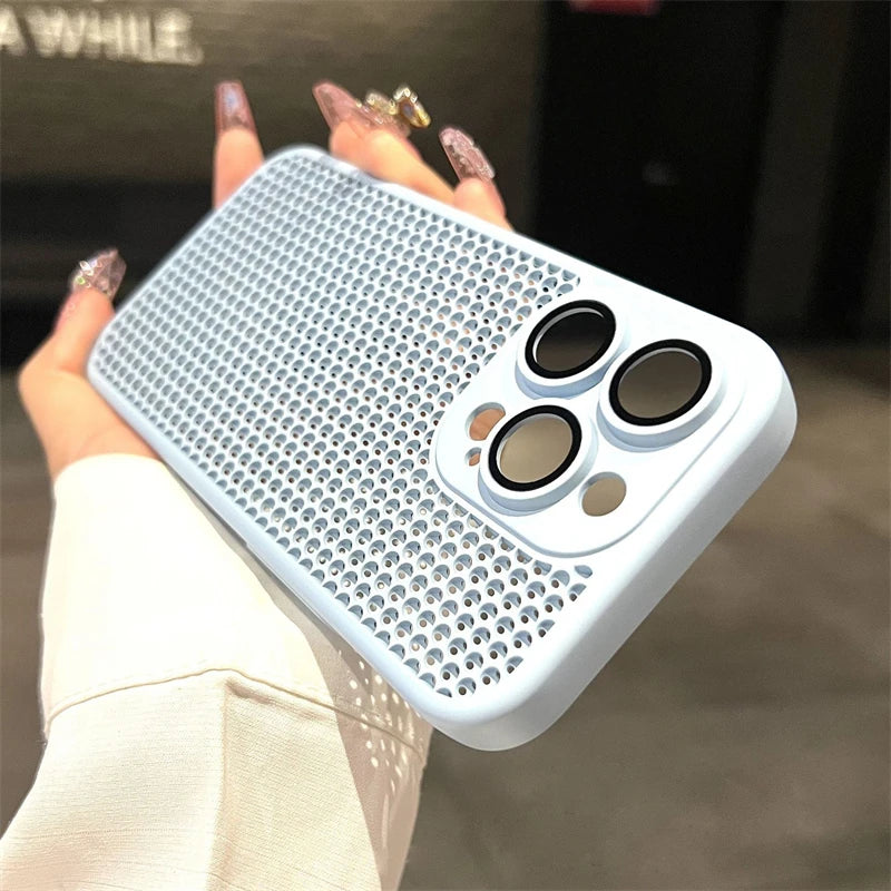 Original Heat Dissipation Breathable Mesh Hole Case For iPhone 16 15 14 11 12 13 Pro Max Plus Lens Protection Shockproof Cover