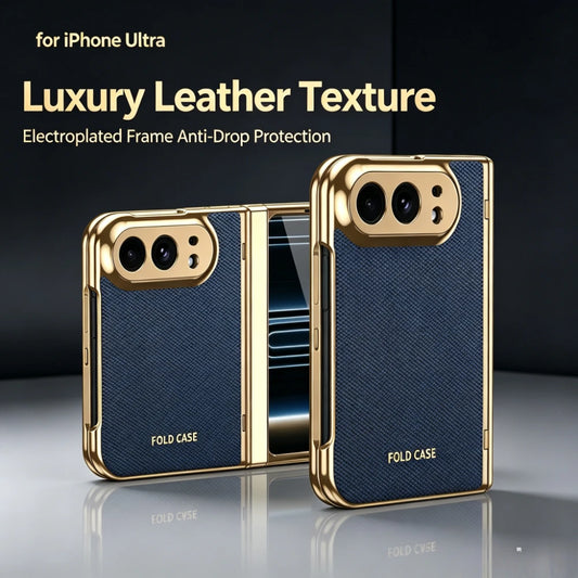 Two foldable phone cases with a navy blue leather-like textured back and gold-plated edges, shown on a dark reflective studio background with promotional text reading 'for iPhone Ultra' and 'Luxury Leather Texture'.