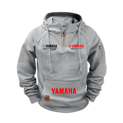 Gray hoodie with Yamaha branding on a white background