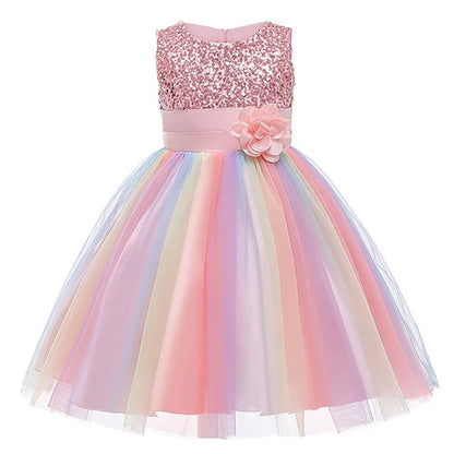 2025 Sequins Girls Dress Summer Flower Fashion Rainbow Mesh Little Princess Dresses For Piano Performance Costume Kids Clothes