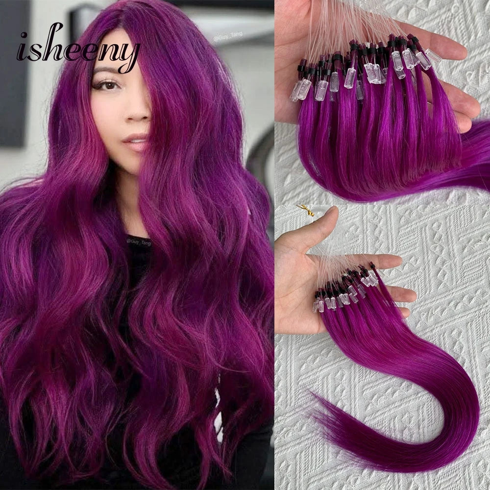 Micro Loop Ring Link Hair 100% Human Hair Extensions Real Remy Fancy Color 12-20 inches Striaght Purple Hair Extensions isheeny