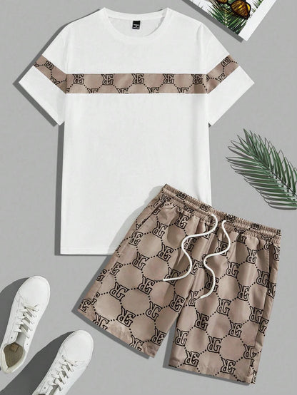 Men's Suit Retro Fashion Letters Printed Round Neck T-shirt Shorts Suit Comfortable And Breathable Men's Two-piece Suit