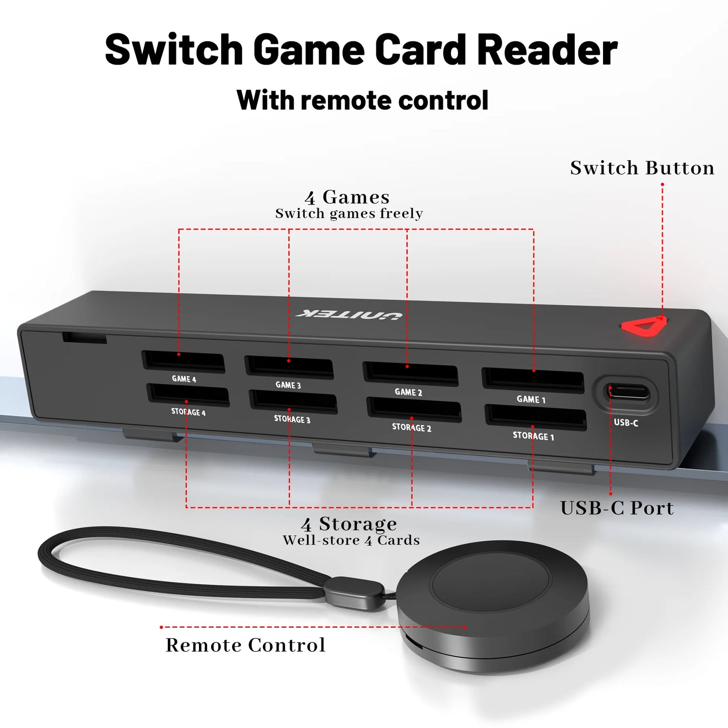 Unitek Switch 游戏卡读卡器 1 合 4 切换卡切换器带遥控器多游戏卡支架带快速切换