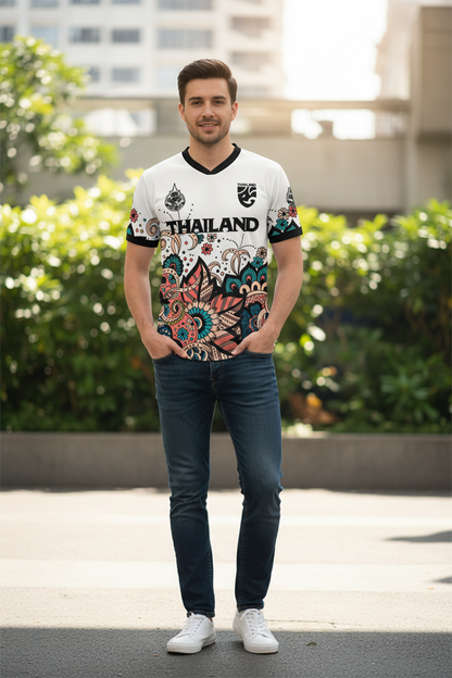 Man wearing a Thailand-themed shirt with a colorful design outdoors.