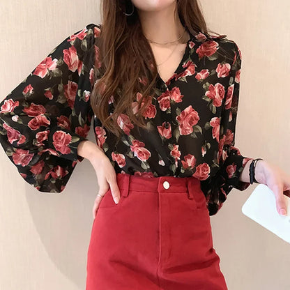 chemisier Flower Print Shirts Women Chiffon Blouse Spring Long Sleeve Sheer Thin Shirt Sunscreen Clothes Tops Blusas Para Mujer