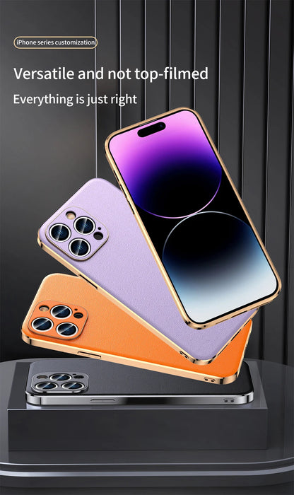 Genuine Cowhide Leather Phone Case for iPhone 16 15 11 12 13 14 Pro Max Luxury Plating Shockproof Lens Protection Back Cover