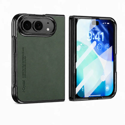 A dark green foldable phone case shown open and closed on a white background. The closed view shows a textured dark green back with a black camera surround and vertical branding text.