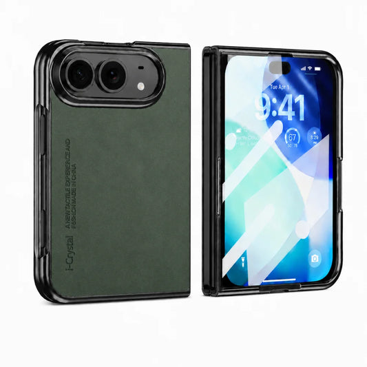 A dark green foldable phone case shown open and closed on a white background. The closed view shows a textured dark green back with a black camera surround and vertical branding text.
