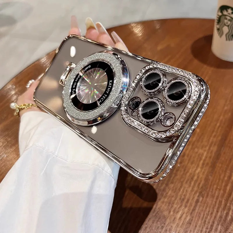 Luxury Glitter Rhinestone for Magsafe Bracket Case for iPhone 15 14 11 12 13 Pro Max Plus Bling Diamond Gradient Stand TPU Cover