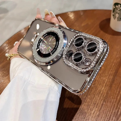 Luxury Glitter Rhinestone for Magsafe Bracket Case for iPhone 15 14 11 12 13 Pro Max Plus Bling Diamond Gradient Stand TPU Cover