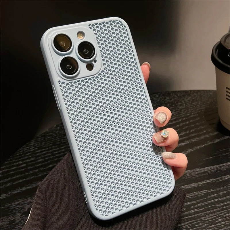 Original Heat Dissipation Breathable Mesh Hole Case For iPhone 16 15 14 11 12 13 Pro Max Plus Lens Protection Shockproof Cover