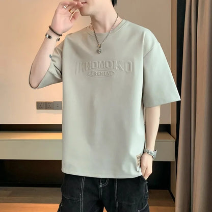 2025 Summer New Men's Short Sleeve T-Shirt Hong Kong Style Loose Fit Versatile Ice Silk Thin Clothing Youth Trendy