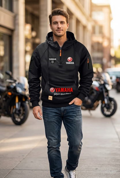 2026 Yamaha Autumn/Winter Retro Heavyweight Men’s Fleece Hooded Sweatshirt – Long-Sleeved Motorcycle Casual Jacket