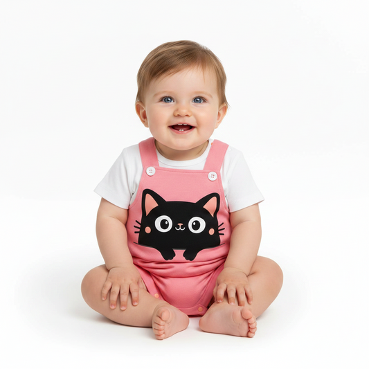 IURNXB Summer Infant Cartoon Black Cat Printed Unisex Romper with Suspenders (0-18M)