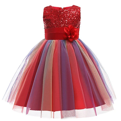 2025 Sequins Girls Dress Summer Flower Fashion Rainbow Mesh Little Princess Dresses For Piano Performance Costume Kids Clothes