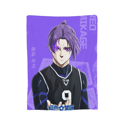 A rectangular printed towel or scarf featuring an anime-style character with purple hair and purple eyes, wearing a black jersey with the number 9, set against a purple background with text.
