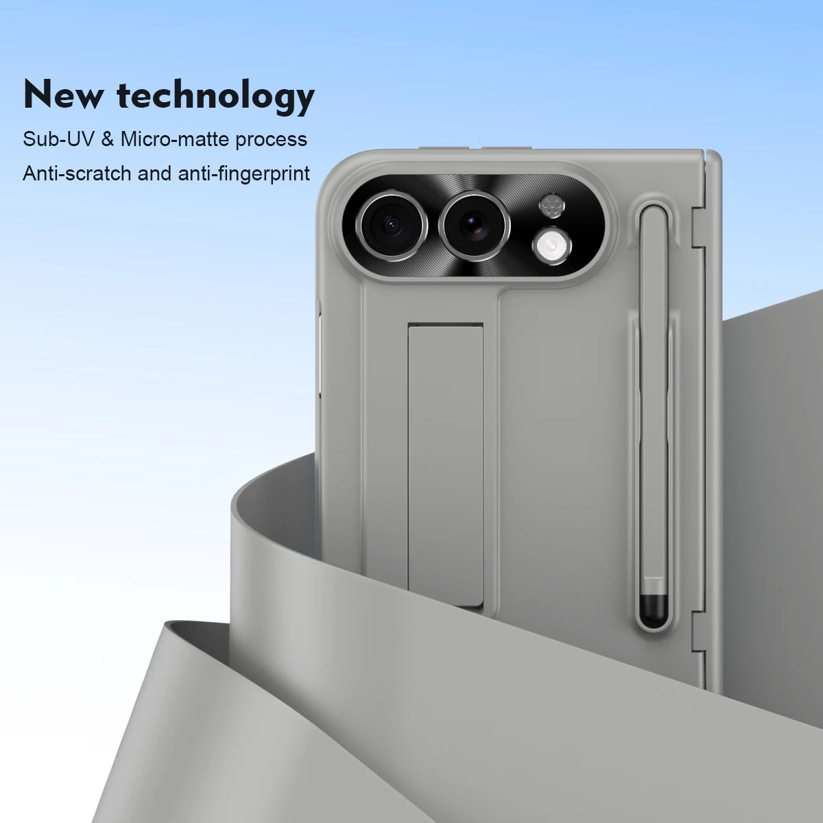 A light gray protective phone case with a built-in kickstand and a pen slot, shown on a smartphone. The image includes marketing text on the top left reading 'New technology' and 'Sub-UV & Micro-matte process Anti-scratch and anti-fingerprint' against a blue gradient background.