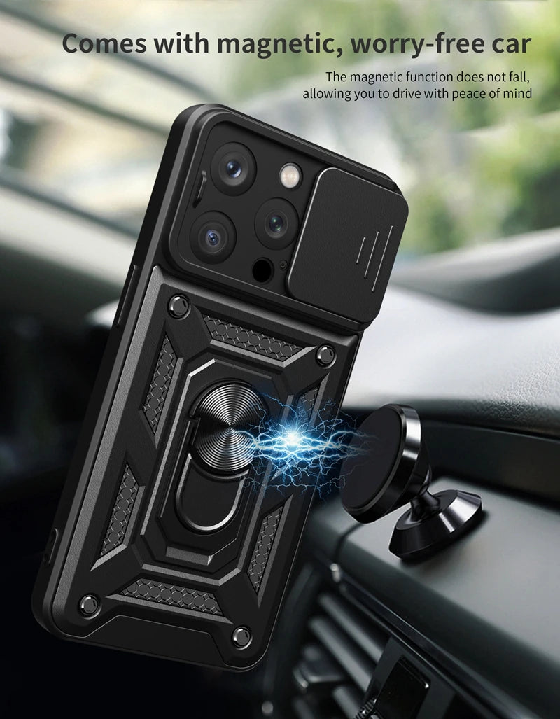 Case For iPhone 15 14 13 12 11 Pro Max 15 Plus XR XS 8 7 6 Shockproof Armor Magnetic Ring Stand Holder Slide Lens Protect Cover