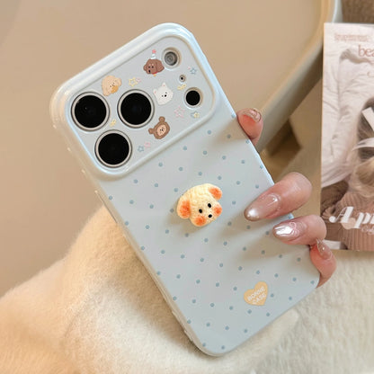 Korean Polka Dots 3D Cartoon Puppy Phone Case For iPhone 17 16 15 14 13 12 Pro Max Candy Colors Shockproof Protective Soft Cover