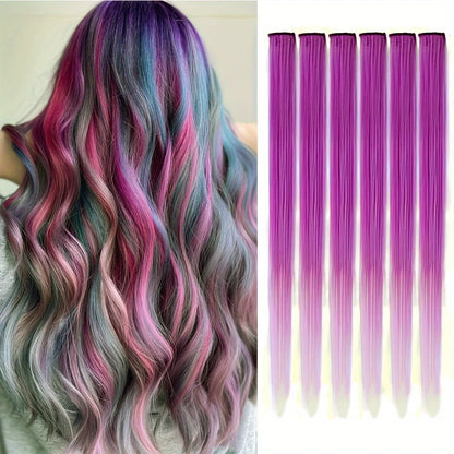 Clip in Hair Extensions 6pcs/pack Colored Party Highlights 22 inches Multi-colors Straight Hair Synthetic Hairpieces Purple Pink