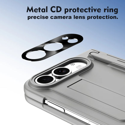 A phone case with a raised camera cutout and a separate black metal CD protective ring floating above it, with text reading 'Metal CD protective ring precise camera lens protection.' on a light blue gradient background.