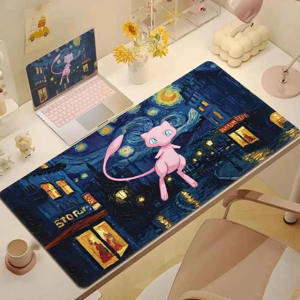 Cute Psyduck Gaming Leather Mouse Pad PC Pikachu Large Size Gamer Keyboard Pokemon Desktop Mouse Mat Starry Night Tablecloth