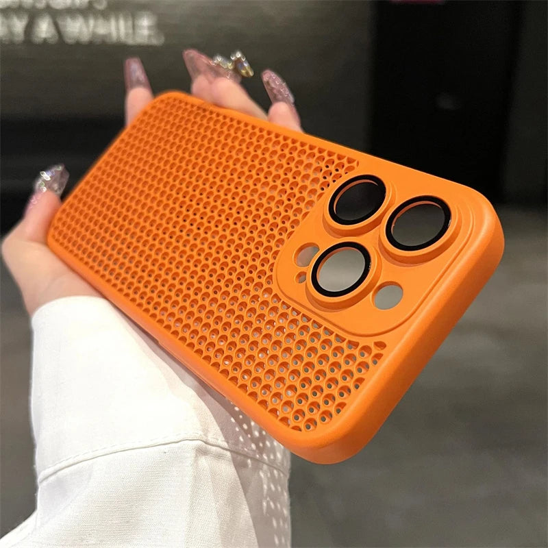 Original Heat Dissipation Breathable Mesh Hole Case For iPhone 16 15 14 11 12 13 Pro Max Plus Lens Protection Shockproof Cover