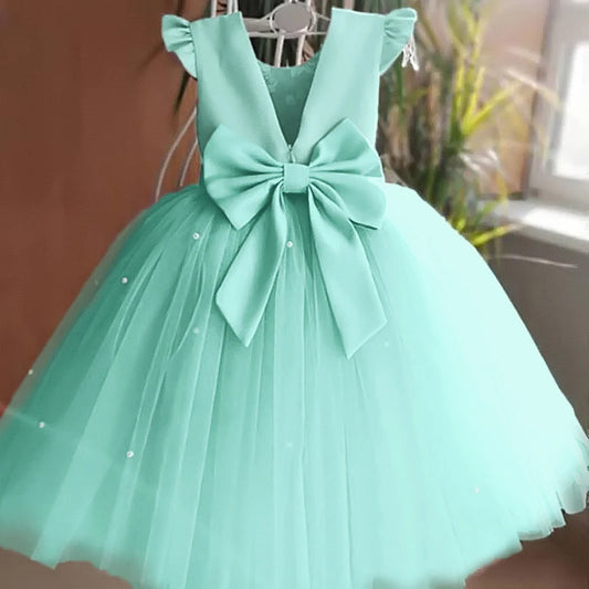 Toddler Girl Flower Birthday Tulle Dress Backless Bow Dressing Gown Kids Party Wear Princess Pink Dress Baby Girl Bowknot Dress