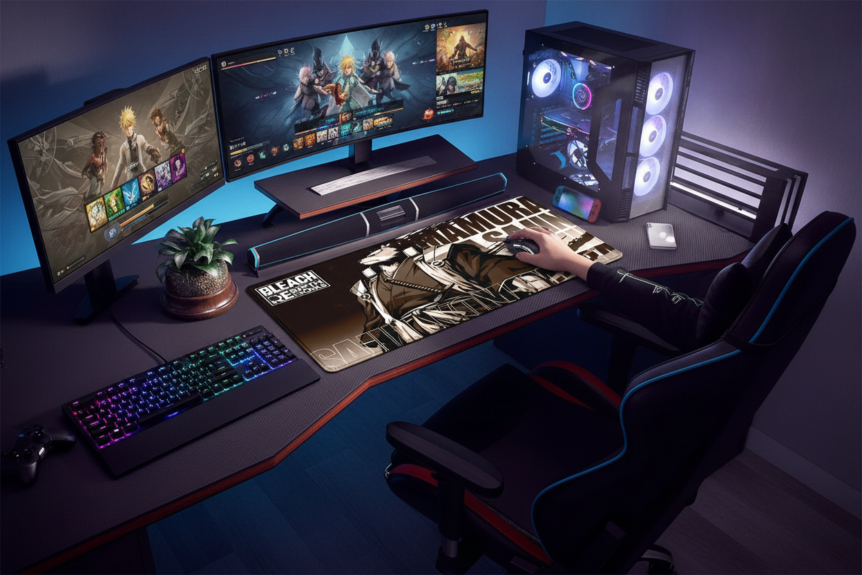 Gaming setup with multiple monitors, keyboard, mouse, and chair on a desk.