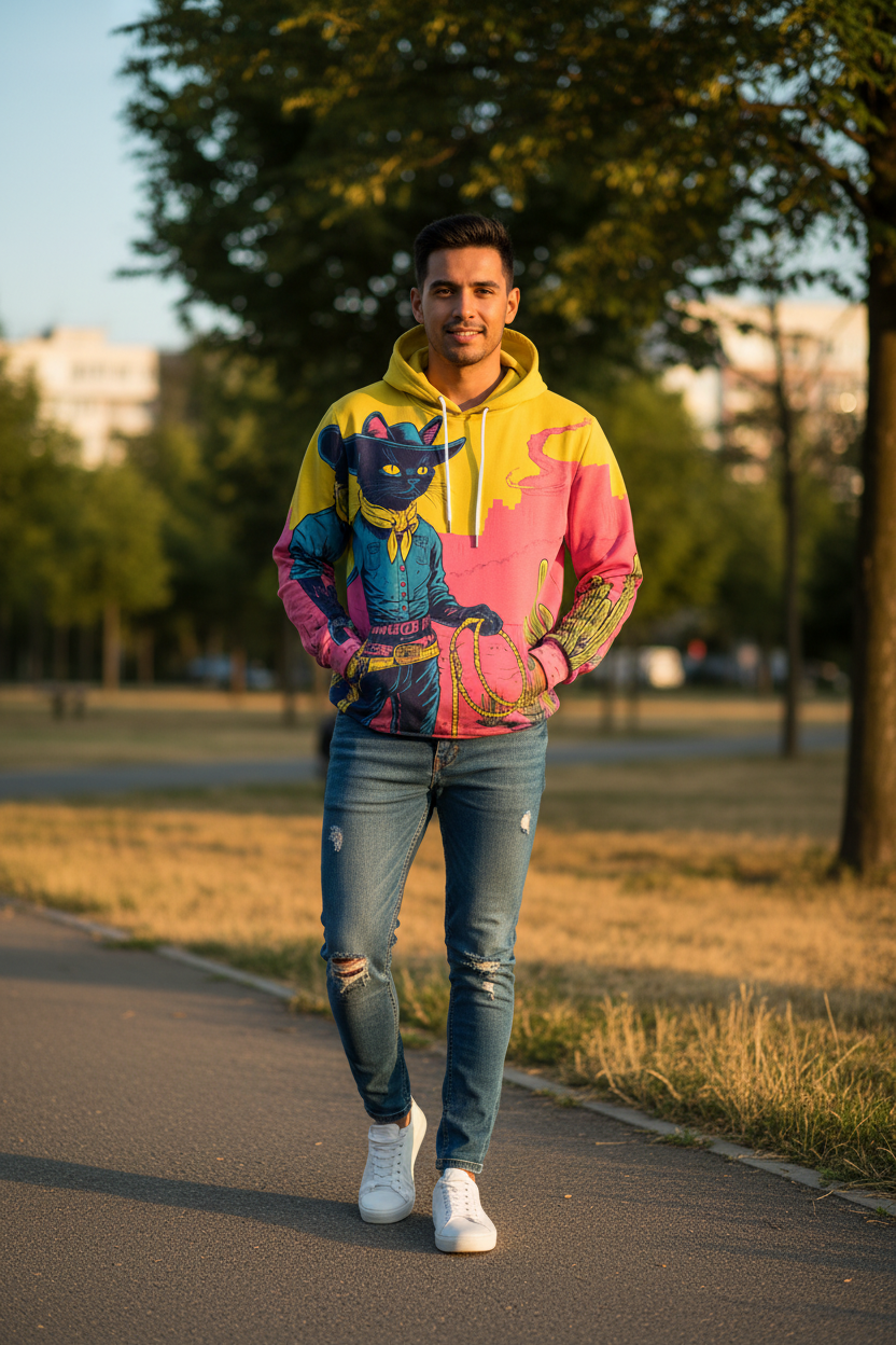 A man walking on a paved path in a park, wearing a vibrant multicolor hoodie with a large cartoon cat graphic, blue ripped jeans, and white sneakers.