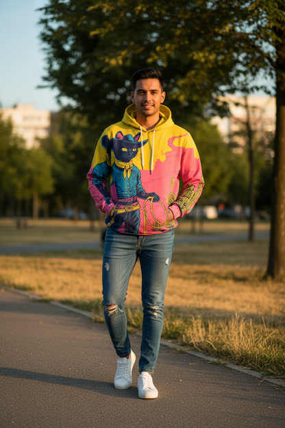 A man walking on a paved path in a park, wearing a vibrant multicolor hoodie with a large cartoon cat graphic, blue ripped jeans, and white sneakers.