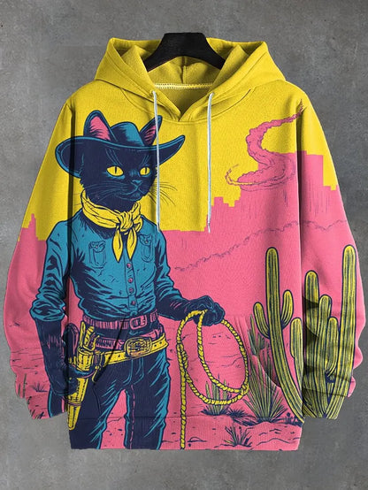 Hoodie with a cowboy cat design on a pink and yellow background
