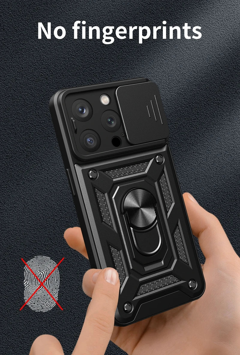 Case For iPhone 15 14 13 12 11 Pro Max 15 Plus XR XS 8 7 6 Shockproof Armor Magnetic Ring Stand Holder Slide Lens Protect Cover