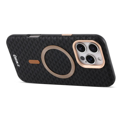 Phone case with carbon fiber texture and rose gold accents on a white background