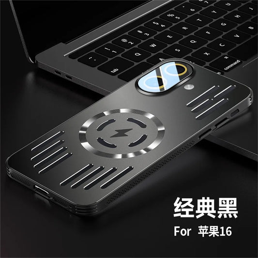 A black metallic phone case with a circular magnetic charging design and vented details, shown resting on a dark surface next to a laptop. Chinese text in the lower right reads '经典黑 For 苹果16'.