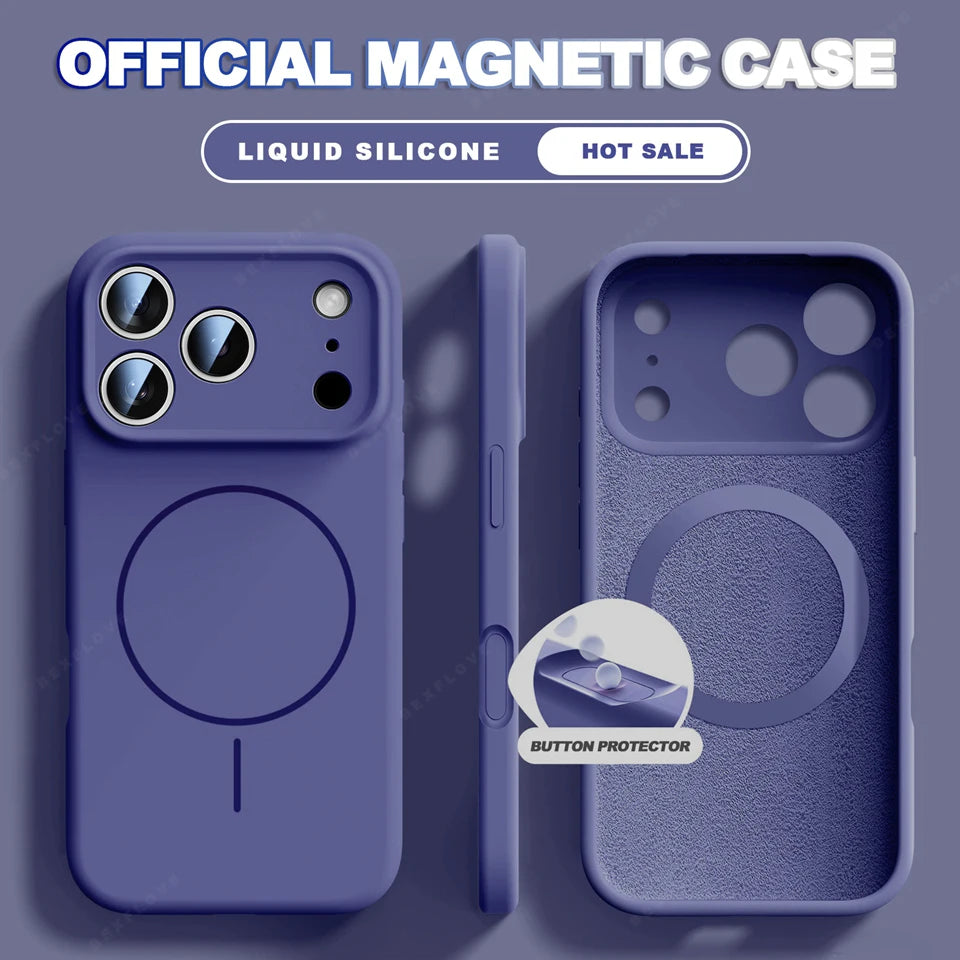 A purple magnetic phone case shown from multiple angles on a matching purple background, with text reading 'OFFICIAL MAGNETIC CASE', 'LIQUID SILICONE', 'HOT SALE', and 'BUTTON PROTECTOR'. The case has a circular MagSafe-style ring on the back and a textured interior view on the right.
