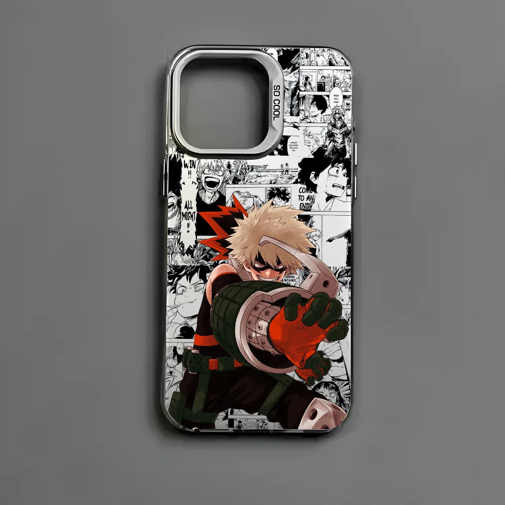 Katsuki Bakugo Anime Phone Case for iPhone 16 15 14 13 12 11 Pro Max - Black Matte Multicolor Laser Metallic Aurora Cover