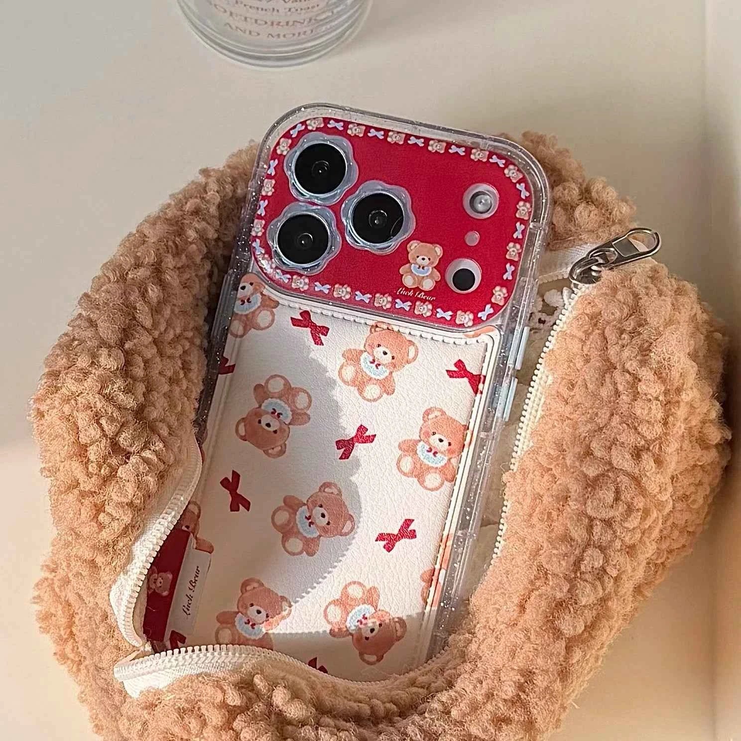 Cute Bow Bear Phone Case for iPhone 17, 17 Pro, 17 Pro Max, 16, 15, 14, 13 Pro Max Shockproof Phone Case with Lanyard