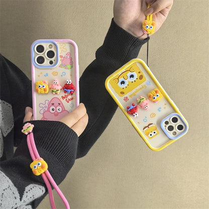 For iPhone 16 promax 15 14 13 Plus 12 Pro Max 11 16e Phone Case Cute Cartoon SpongeBob Patrick Star Cases Wristband Strap Cover