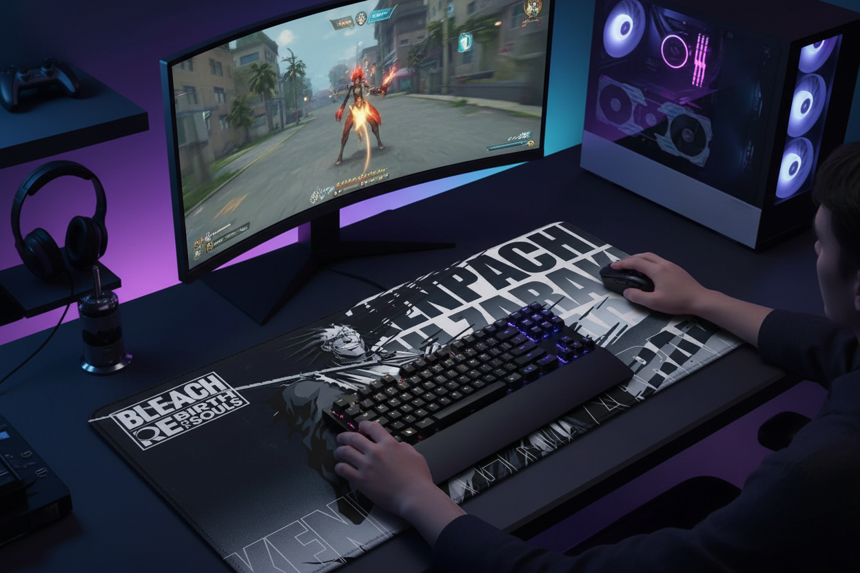 Gaming setup with a monitor displaying a game, keyboard, mouse, and gaming accessories on a desk.