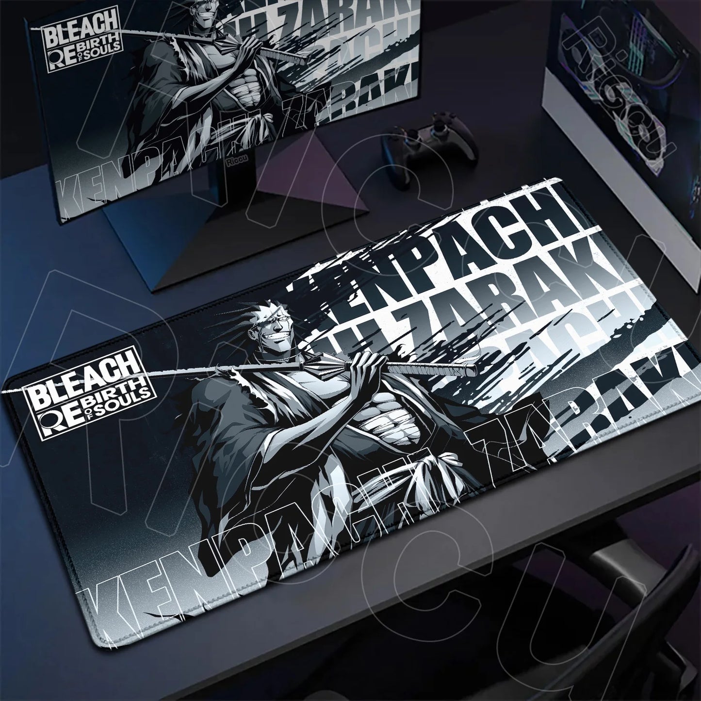 Bleach themed mouse pad on a desk with gaming accessories.