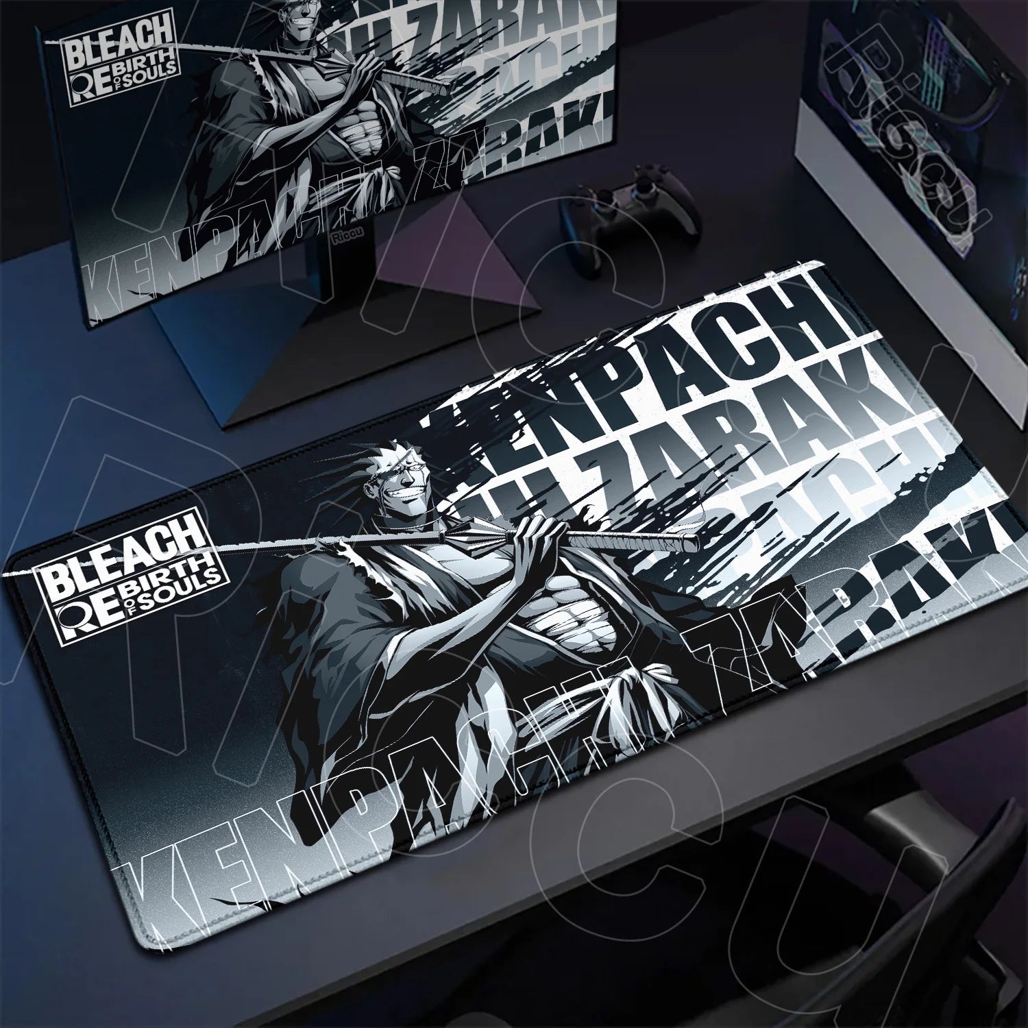 Bleach themed mouse pad on a desk with gaming accessories.