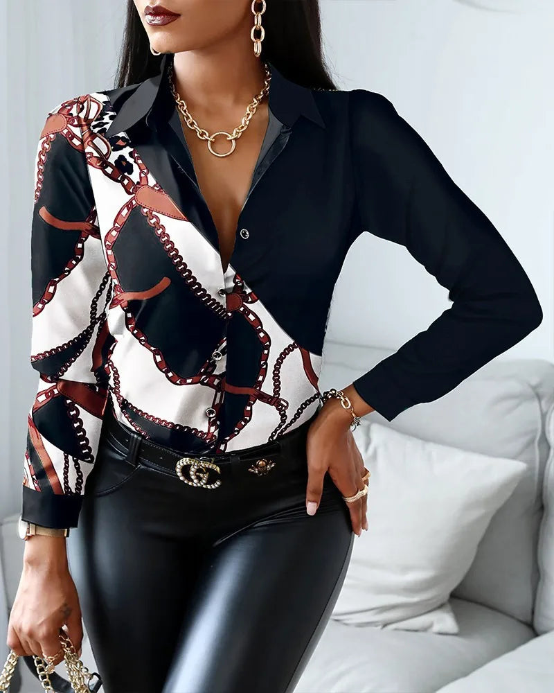 Elegant Women's Fashion Blouse 2025 Spring/Summer Digital Print Shirt Commuter Slim Fit Office Female Blusas Chemise Femme S-3XL