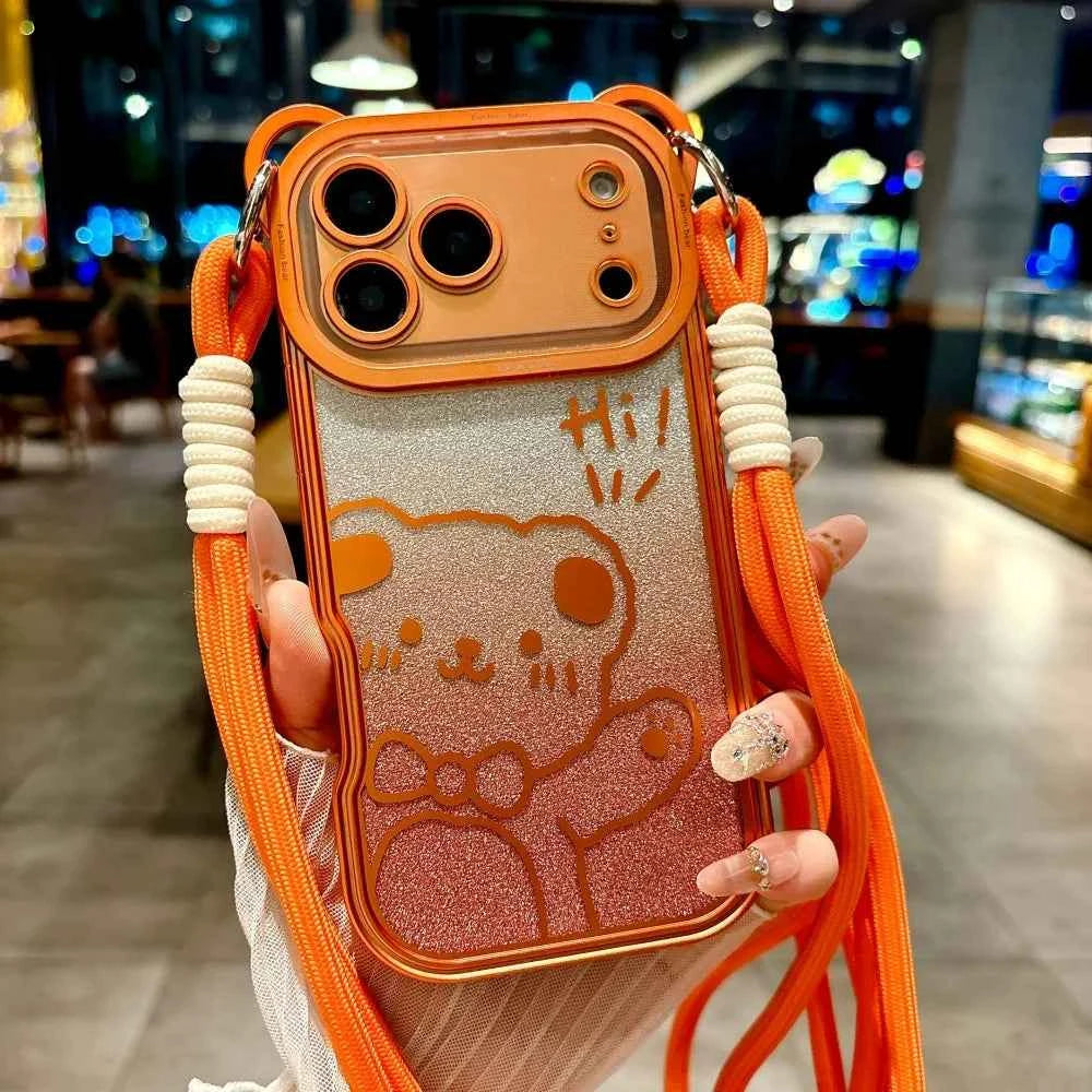 Orange Cute Bear Ear Plating Transparent Long Lanyard Case For iPhone 17 Pro Max 17Pro 17 Air Clear Soft TPU Shockproof Cover