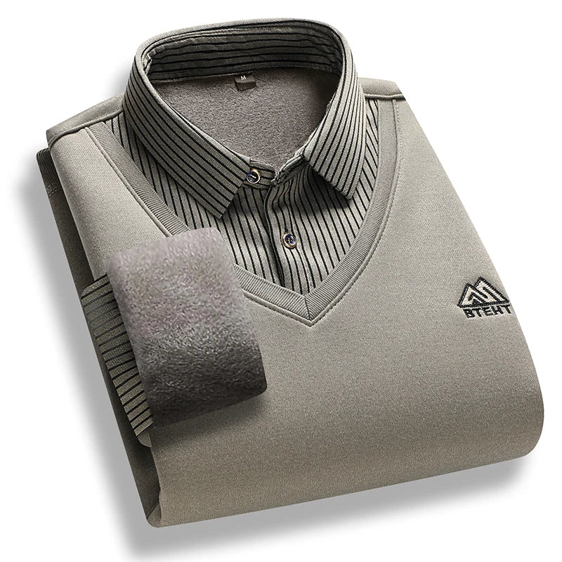 Retro Winter Pullovers Men Polo Neck Sweaters Fashion Striped Fleece Lined Polo Shirt Jumper Thick Knitting Sweaters