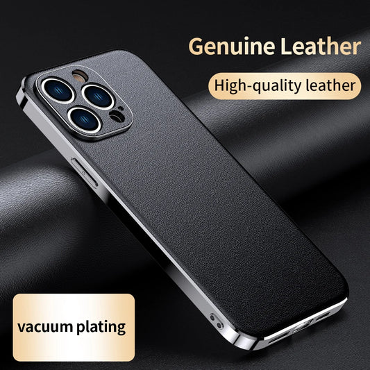 Genuine Cowhide Leather Phone Case for iPhone 16 15 11 12 13 14 Pro Max Luxury Plating Shockproof Lens Protection Back Cover