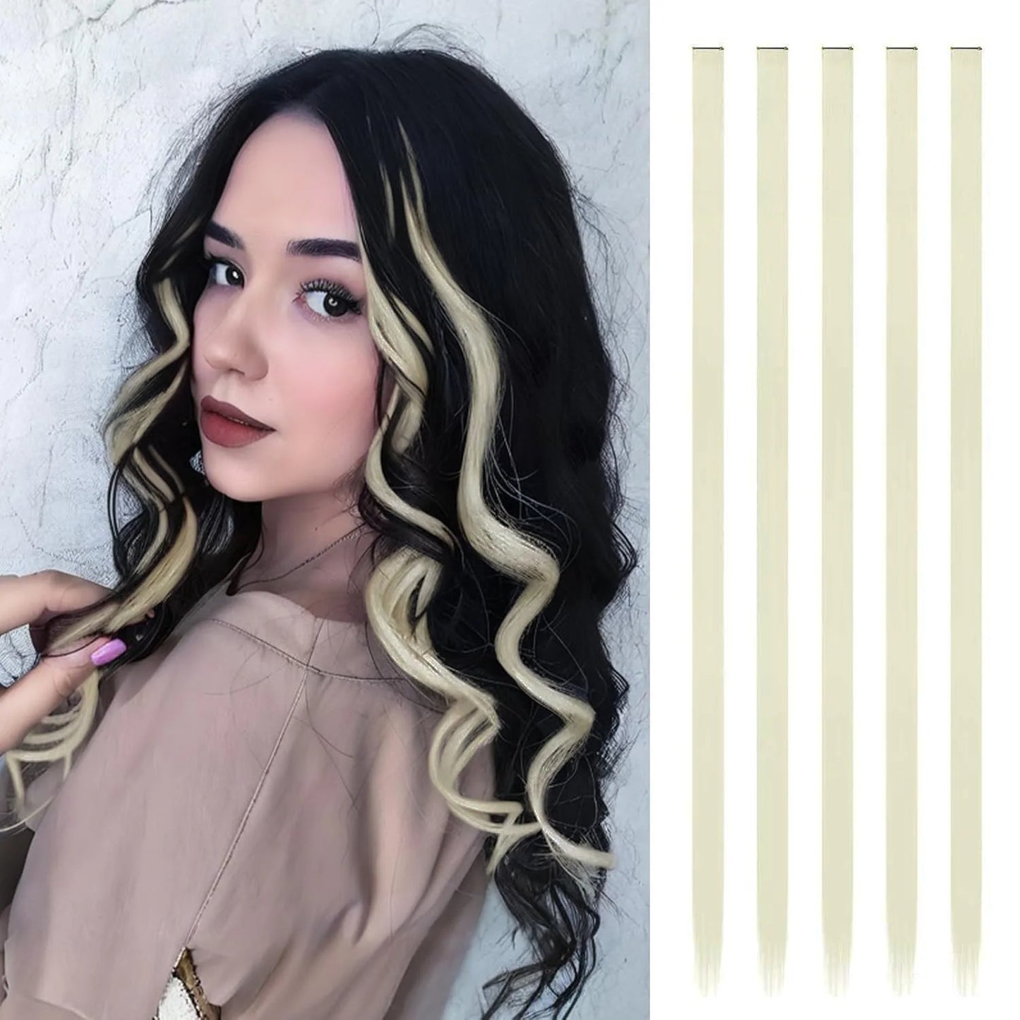 Synthetic 5PCS Colorful Hair Extensions Party Highlights Colorful Clip in Hair Extensions Straight Hairpieces for Women Girls