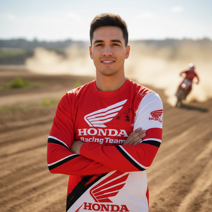 A man wearing a red and white long-sleeve Honda Racing Team jersey stands with arms crossed in a dirt track setting, with a blurred motorcycle rider in the background.